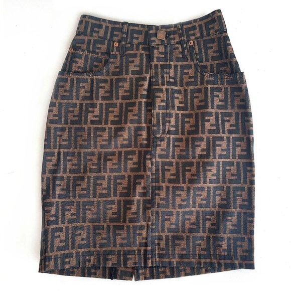 Authentic FENDI FF Zucca Vintage Printed Mini Skirt Brown Tan Pockets - Picture 2 of 12